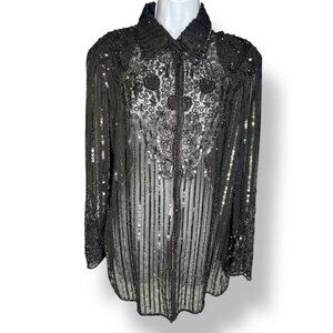 Vintage J Kara Sheer Black Sequin Beaded Blouse Evening Snap Ornate floral